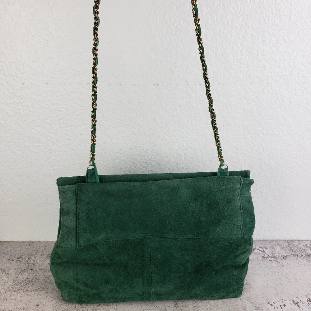 Vintage Suede Leather Purse Bag Emerald Green Crossbody Big Mouth Chain Strap